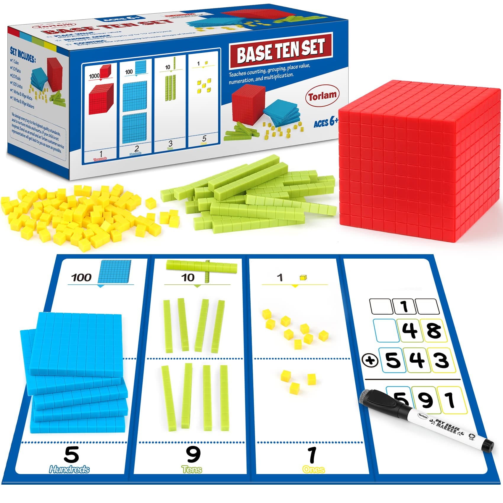 Torlam 131 PCS Base Ten Blocks for Math - Place Value Blocks, Plastic Base 10 Math Manipulatives 1st Grade, Math Counters, Number Blocks, Math Cubes, Counting Cubes for Kids Math (Upgraded Version)