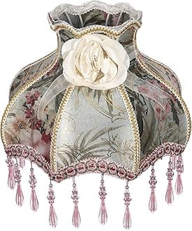 Angoily Vintage Lamp Shade, Victorian Lampshade with Beads Fringe Scallop Dome Lamp Cover E27 Antique European Cloth Lamp Covers Replacement Clip On Bulb