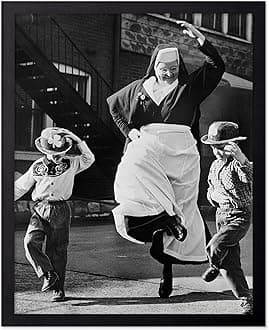 Poster Master Vintage Dancing Nun Poster - Retro Fun Nun Print - Photography Art - Gift for Her, Woman, Churchwomen - Wall Decor for Home, Office, Living Room, Chapel, 11x14 Black Framed