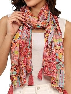 - KE KANHA EXPORT Women Scarf|Stole For Women|Scarf For Women Stylish|Stall For Women|Border Print Face Cover Head Wrap|Boho|Beach|Multicolor|180x50cm|Pack Of 1