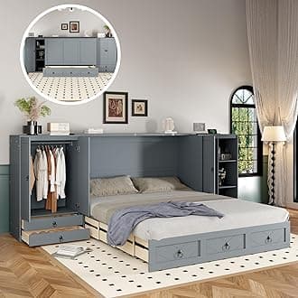 SOFTSEA Queen Size Murphy Bed, Wood Murphy Bed with USB Port, Wardrobes and Drawers, Folding Murphy Bed for Guestroom Bedroom Study Room Office Home, Gray