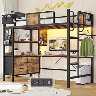 Loft Bed Twin Size with L-Shaped Desk,Heavy Duty Metal Loft Bed for Adults Teens, 5 Storage Drawers & LED Lights,Charging Station,No Box Spring Needed, Space Saving for Small Room, Rustic Brown | Clothes Rack