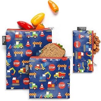 Reusable Snack Bags for Kids, Boys | Food Safe, BPA Free, Phthalate Free, Polyester Zip Pouches | Washable & Refillable Sandwich Bag | Ellie Collection | 3 pack | Under Construction