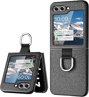 AICase for Samsung Galaxy Z Flip 5 Case Leather, Slim Protective Shockproof Phone Case with Ring for Galaxy Z Flip 5 5G, Black