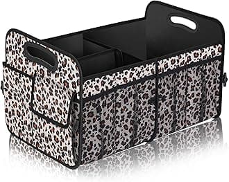 Femuar Car Trunk Organizer, Large Capacity Collapsible Trunk Storage with 11 Pockets, Waterproof, Non-Slip, Suitable for Car, SUV, Truck, Van, Jeep, Sedan, Leopard Print