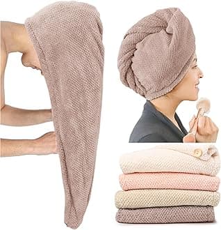 Extra Large 4 Pack Microfiber Hair Towel Wrap for Women Super Absorbent & Quick Dry Hair Drying Towels with Button, Hair Turbans for Curly Hair Long & Short Hair - Anti-Frizz (Pink Pinstripe)