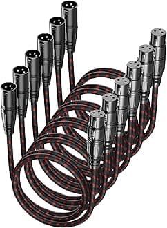 XLR Cables 3 FT 6 Pack, XLR Microphone Cable Male to Female Nylon Braided 3 Pin XLR to XLR Cable Compatible with Microphones, Mixer, Speaker Systems and More, Black-Red, Q-MCR-3FT-6P-01