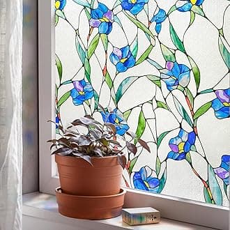 3D Stained Glass Window Film, Decorative Window Privacy Film for Bathroom,Front Door,Home, Sun Blocking Heat Control,Static Cling, Blue Eustoma 23.6inch x 35.4inch