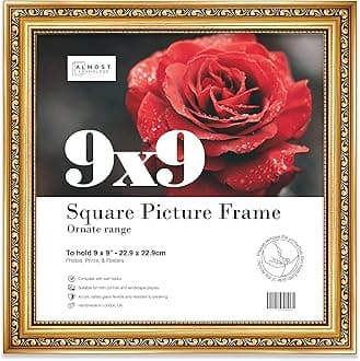 Almost Frameless 9x9 Gold Ornate Picture Frame 9"x9" (22.9x22.9cm) Poster, Photo, Artwork, or Print. Opulent Style Portrait and Landscape Display with Wall Hooks