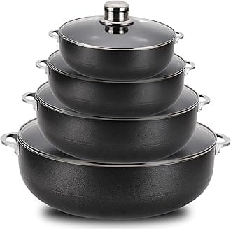 Alpine Cuisine 8 Piece Set Aluminum Non-Stick Caldero Stock Pot with Glass Lid, Commercial Grade Cooking Dutch Oven, AI-6928G