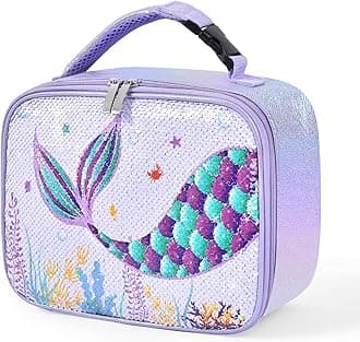 WERNNSAI Insulated Lunch Bag for Kids Girls - Glitter Sequins Insulated Mermaid Lunch Tote Bag School Office Picnic Travel Food Bags Reusable Waterproof Lunch Handbag with Front Pocket
