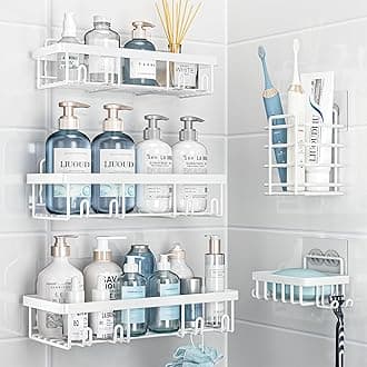 5 Pack Shower Caddy Organizer Rack Shelf for Inside Shower, Self Adhesive Wall Storage Basket Rustproof Stainless Steel Shampoo Holder Bathroom Accessory Decor Set, White