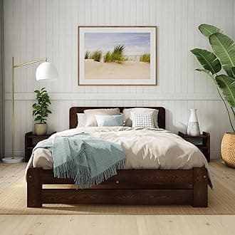 Double Bed Frame 4ft6 – Solid Pine Wooden Bed Frame for Adults, F1 Easy Assemble Bed with Sturdy Slats & Extra Four Supportive Legs, Comfortable Bedroom Furniture | (Walnut)