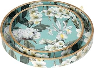 DULI Set of 2 MDF Wood Trays Enamel Coated| Round Trays Set of 2 | Serving Trays | Wooden Tray | Kitchen&Dining Decorative | Resin Tray | Handmade | 7x7 & 9x9 inches (Setof2Round- AquaWhiteFloral)