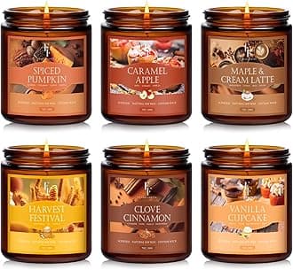 Fall Candles Set, 6 Pack Candles for Home Scented Natural Soy Wax, Autumn Gifts Set for Women Men, Fall Fragrance of Pumpkin/Cinnamon/Vanilla Cupcake/Apple/Harvest/Latte