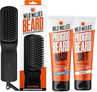Beard Grooming Kit - Beard Straightener for Men, PROGRO - Fortified with Biotin & Caffeine for Hair Growth, Wash, Hydration - Ionic 2-in-1 Heated Comb Brush, Made in USA