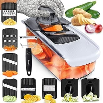 Fullstar Mandoline Slicer for Kitchen, Fruit Cutter, Cheese Grater, Cucumber Slicer, Veggie Spiralizer, Food Cutter & Kitchen Gadgets with Safety Glove (9 in 1, White)