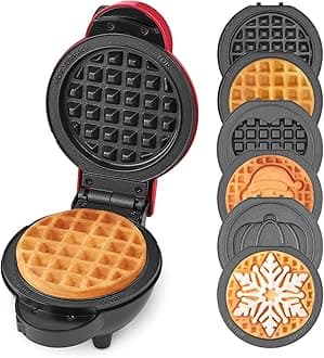 Dash Holiday MultiMaker Mini System - Includes Seasonal Snowflake, Pumpkin, Heart, Santa, and Classic Waffle Plates - Red, Six 4-Inch Removable Plates
