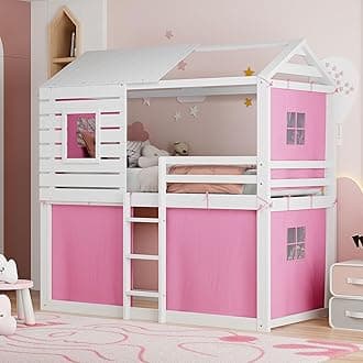 Harper & Bright Designs Twin Over Twin Bunk Bed, Wood Twin Size Bunk House Bed with Tent and Windows, Pink+White