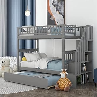 Harper & Bright Designs Twin Over Twin Bunk Bed with Stairs and Trundle, Solid Wood Bunk Bed Frame with Storage Shelf and Stairway for Kids Teens Adults, Grey
