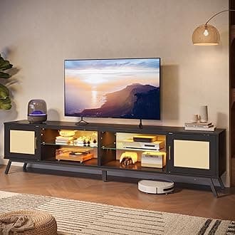 Bestier 80 Inch Black Rattan TV Stand with Storage for 85 Inch TV, 4-in-1 Mid Century Modern Entertainment Center with LED Lights, Doors and Adjustable Glass Shelves for Living Room