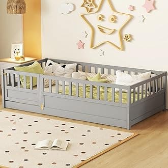 Twin Size Floor Bed with High Fence, Door and Slats, Twin Floor Bed with Slats(Gray Twin)