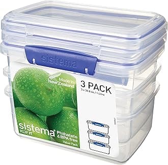 Sistema KLIP IT Food Storage Containers | 1 L | Stackable Food Prep Container with Clip-Close Lids | BPA-Free | Blue Clips | 3 Count