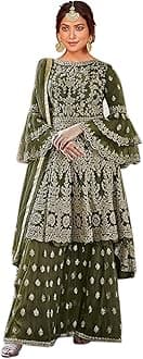 Miss EthnikWomen's Beige Net Semi Stitched Top With Stitched Net Bottom and Net Dupatta Embroidered Flared Top Dress Material (Kurta Palazzo Set) (D-1027)_Free Size