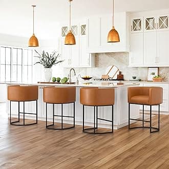LUE BONA 27" H Counter Height Bar Stools Set of 4, Modern Barrel Counter Stools with Backrest and Arms, Black Metal Frames,Faux Leather Upholstered Accent Barstools for Kitchen Island,Yellowish Brown