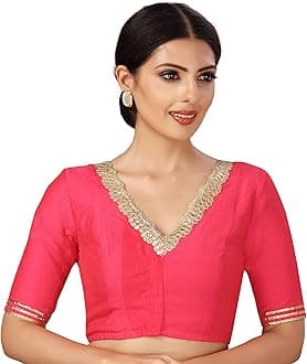 Women's Readymade Silky Saree Blouse with Embroidered Neckline