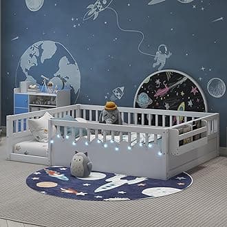 White Floor Bed, Full Size Montessori Bed with High Fence Railings, Wood Playhouse Beds with Rails, Light & Storage for Baby Kids Boys Girls Teens, No Slats Included