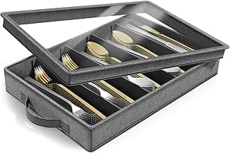 Sorbus Flatware & Utensil Storage - Gray Fabric Chest Box for Storage and Organizing Utensils, Silverware, Flatware, Cutlery - Silverware Organizer Container with Clear Lid & Adjustable Divider