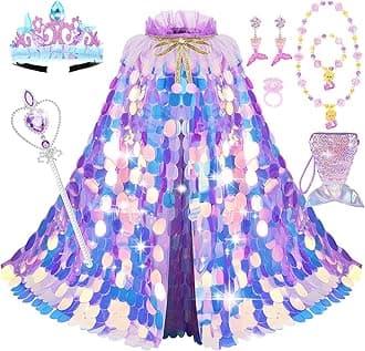 LIMIROLER Princess Dress Up Toys Princess Dress Up Clothes Rainbow Mermaid Cape Kit 9 Pcs Gift Set for Little Girls 3-8 Years Old, Great Gift Set for Birthday Christmas Halloween (Rainbow Purple)