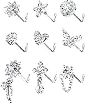 Kakonia 9Pcs Nose Studs Rings 20G Surgical Stainless Steel L Shaped Nose Rings for Women Cute Dangle Butterfly Heart Star Feather Flower CZ Nostril Piercing Jewellery