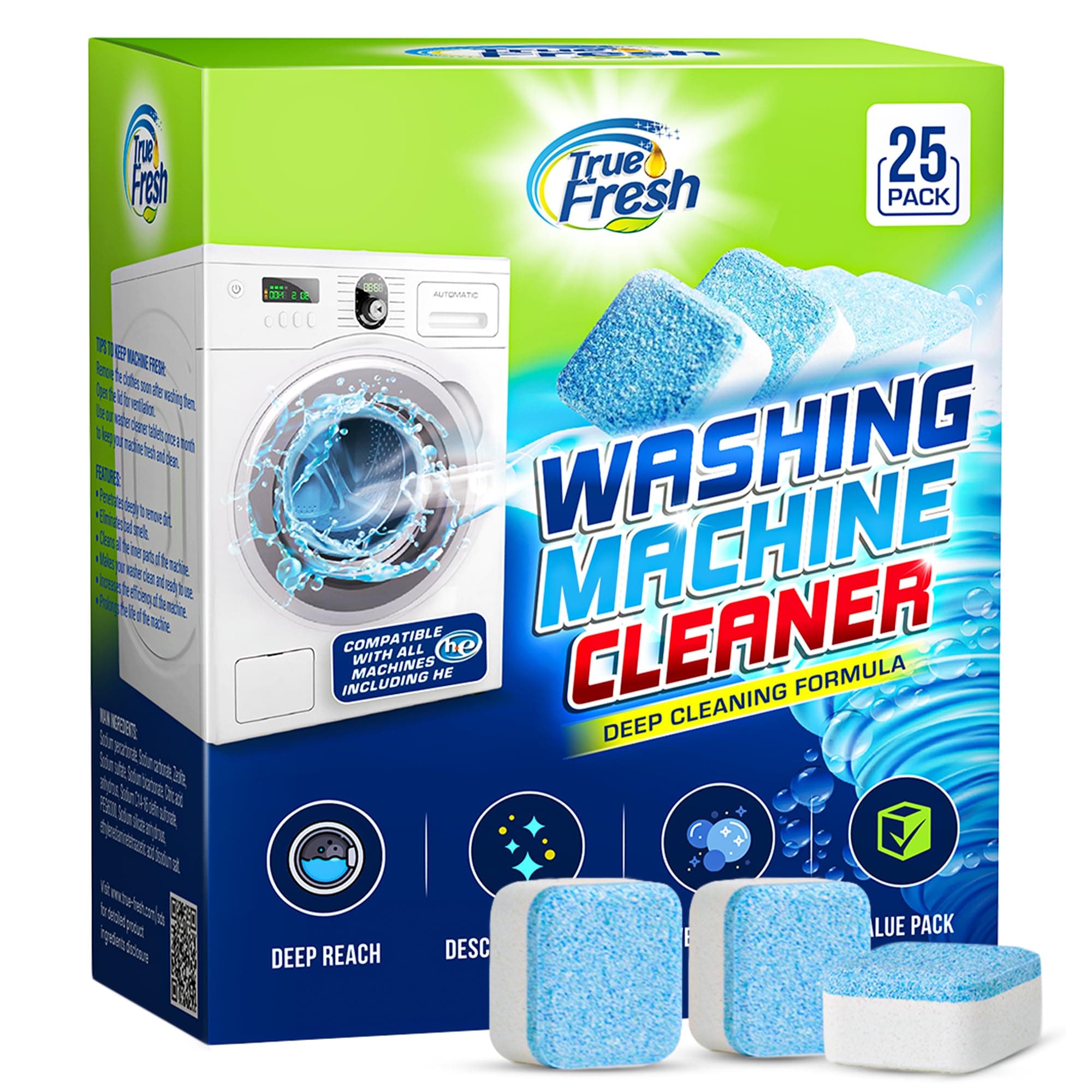 Washing Machine Cleaner Tablets 25 Pack – Rinses Away Pet Hair Trapped by Residue & Buildup, Compatible with Front Load, Top Load & HE Washers, Reaches Drum, Seal, Hoses & Pipes for Deep cleaning