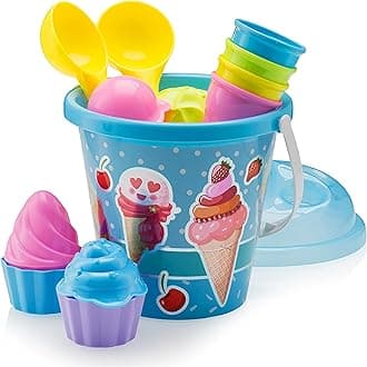 Top Race Kids Beach Toys Set with Bucket Pail and Spade Scoop - 16pcs Ice Cream Blue Sand Playset for Kids & Toddlers Ages 1.5,2,3,4,5,6,7,8,9