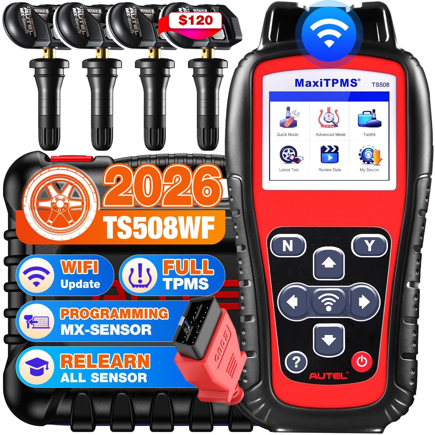 Autel MaxiTPMS TS508WF KIT, 2026 TPMS Programming Relearn Tool with 4PCS Autel MX-Sensor ($120), WiFi Ver. of TS601 TS508 TS501 PRO, Relearn/Activate TPMS Sensors, TPMS Reset, Lifetime Free Update