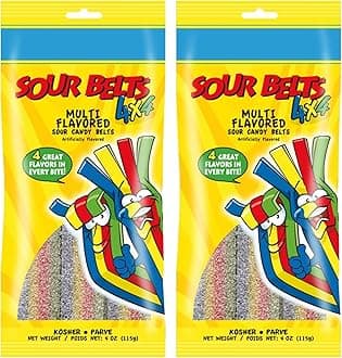 Rainbow Sour Belts - Vibrant & Tangy Colorful Rainbow Sour Strips - Non GMO, Vegan & Kosher Sour Gummy Candy - 4 Ounce, 2 Pack