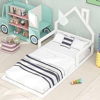 MERITLINE Twin Size Floor Bed with House-Shaped Headboard, Twin Montessori Floor Bed Wood Frame, No Box Spring Needed, for Kids Teens Girls Boys (White)