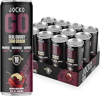Jocko GO Energy Drink - Keto, Vitamin B12, Vitamin B6, Electrolytes, L Theanine, Magnesium- Energy Boost, Sugar Free Nootropic Monk Fruit Blend - 12 Pack (Black Cherry Vanilla)