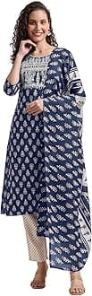 MIRCHI FASHION Women's Designer Straight Fit Cotton Printed and Embellished Kurta Set with Trouser Pant and Dupatta