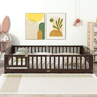 i-POOK Queen Floor Bed for Children, Sturdy Wood Montessori Bed Frame with Wood Slats, High Fence & Small Door for Girls and Boys, Espresso (with Bed Slats)