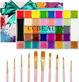 CCbeauty Face Body Paint Kit Professional 36 Colors Face Painting Kit Cosplay Makeup Palette Halloween Clown SFX Makeup Kit Neon Body Paint Arts Party Fancy Make Up with 10 Pink Face Paint Brushes