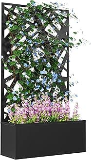 Outsunny Metal Raised Garden Bed with Trellis for Climbing Plants, Freestanding or Wall Mounted Flower Bed with Privacy Panel, Irregular Line Cut-Outs Outdoor Planter Box for Garden, Patio, Balcony