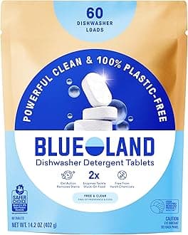 - 100% Plastic-Free Dishwasher Detergent Tablets, 60 Count, Free & Clear, Eco-Friendly Dishwashing Pods, Natural, USDA Certified biobased