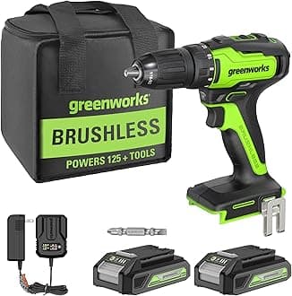 Greenworks 24V Brushless Cordless Drill Kit, 310 in./lbs, 18+1 Position Clutch, 1/2 '' Keyless Chuck, Variable Speed, (2) 2Ah Batteries with 2A Fast Charger, LED Light with Tool Bag