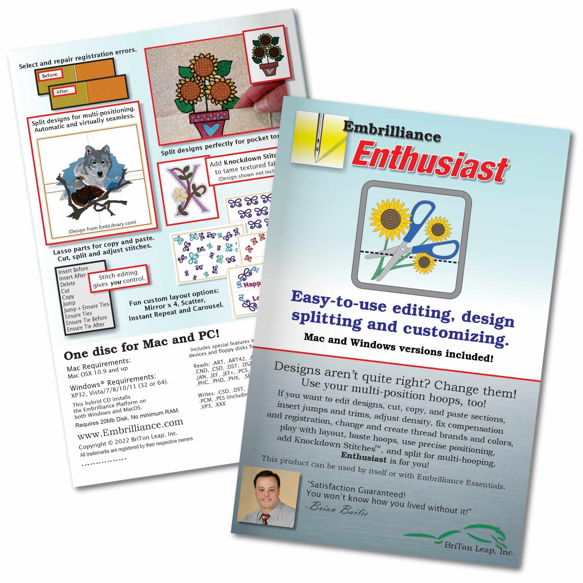 Embrilliance Enthusiast Editing, Design Split & Customize Embroidery Machine Software