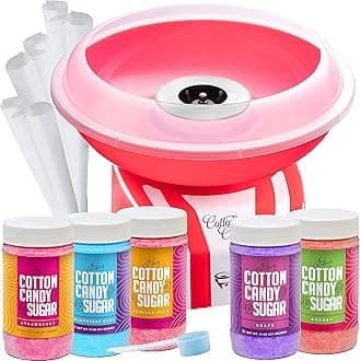 Cotton Candy Machine and Floss Bundle- Bright, Colorful Style- Sugar Free Candy, Sugar Floss, for Birthday Parties - Includes 5 Floss Sugar Flavors 12oz Jars and 50 Paper Cones & Scooper