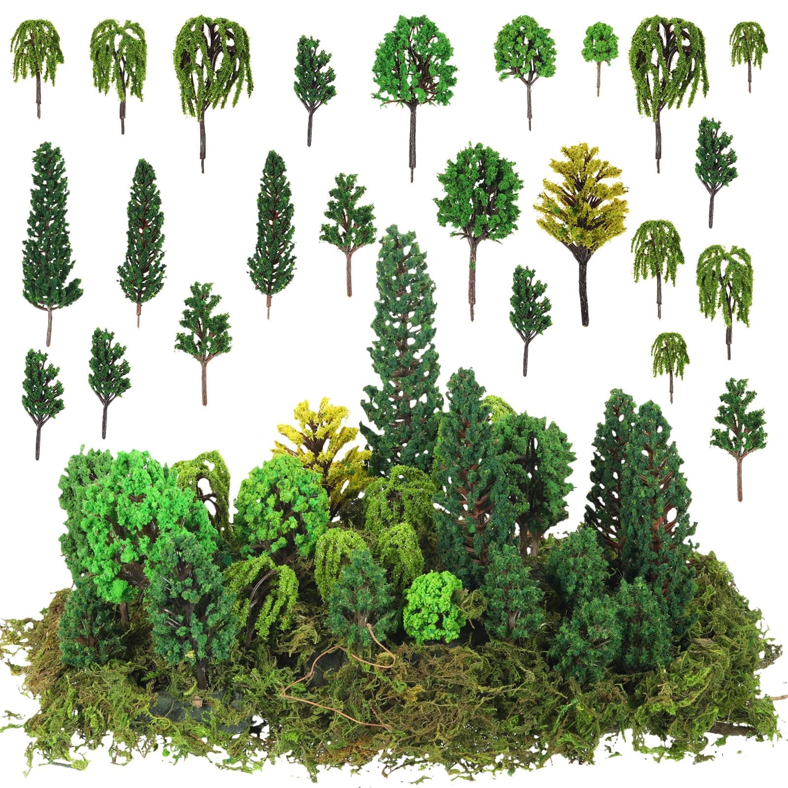 28 Pcs Model Trees Mixed Model with 1.4 Ounce Faux Green Moss Decor Tree Train Scenery Architecture for DIY Crafts, Building, Scenery Landscape(Natural Green)
