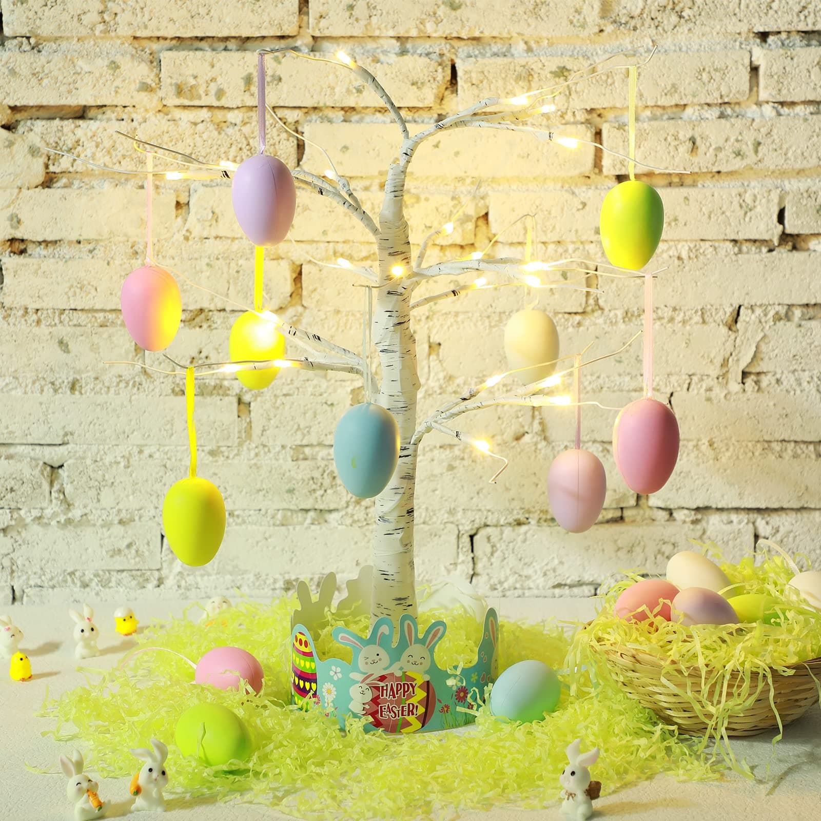 Jutom Easter Tree Decorations Kit, 24 Inch Pre lit White Birch Tree with 12 Hanging Easter Egg Ornaments and 24 LED Lights Battery Operated Easter Table Centerpiece Easter Party Favors
